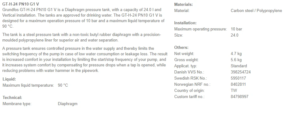 Grundfos GT-H-24-V (24L) 10 Bar Rated Vertical Diaphragm Tank 3 Grundfos GT-H-24-V (24L) 10 Bar Rated Vertical Diaphragm Tank - Image 3