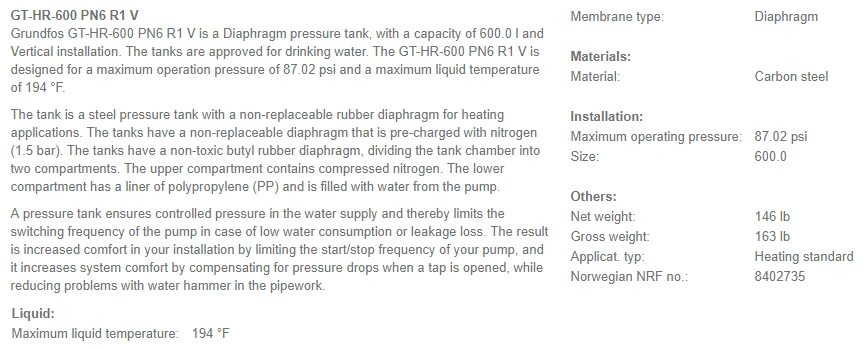 Grundfos GT-HR-600-V (600L) 6 Bar Rated Hot Water Diaphragm Tank 3 Grundfos GT-HR-600-V (600L) 6 Bar Rated Hot Water Diaphragm Tank - Image 3