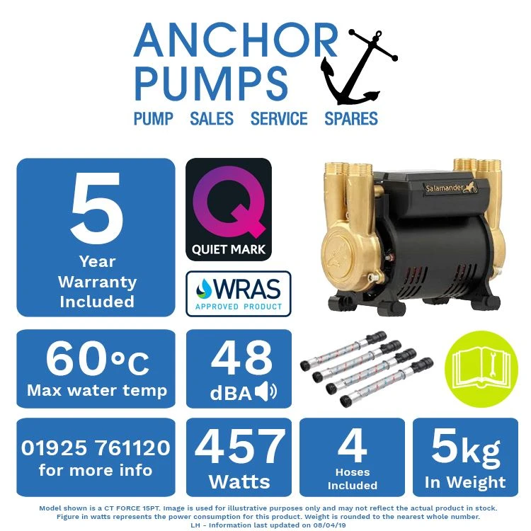 Salamander CT Force 15PT 1.5 Bar Brass Twin Positive Head Shower Pump With Noise Vibration Reduction Technology 1 Salamander CT Force 15PT 1.5 Bar Brass Twin Positive Head Shower Pump With Noise Vibration Reduction Technology