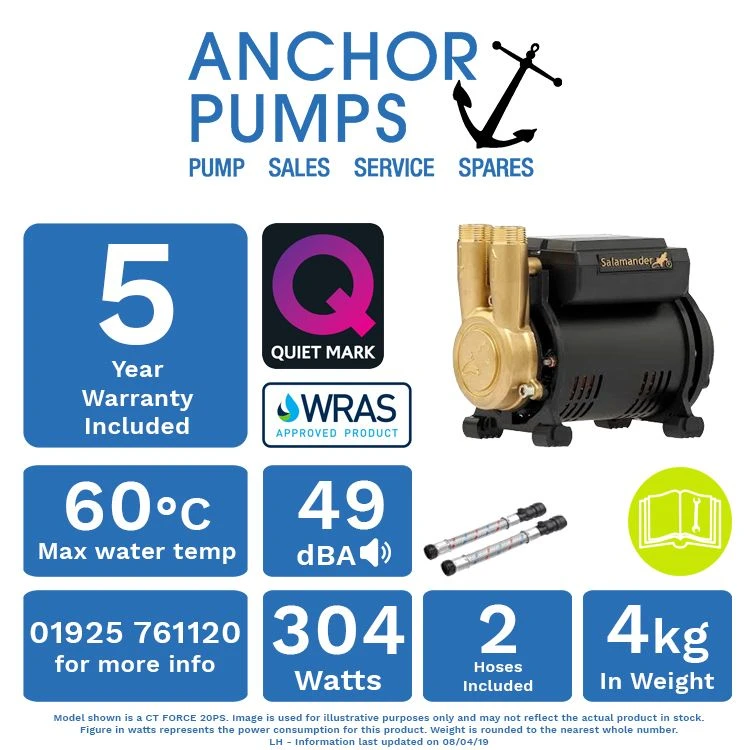 Salamander CT Force 20PS 2.0 Bar Brass Single Positive Head Shower Pump With Noise Vibration Reduction Technology 1 Salamander CT Force 20PS 2.0 Bar Brass Single Positive Head Shower Pump With Noise Vibration Reduction Technology