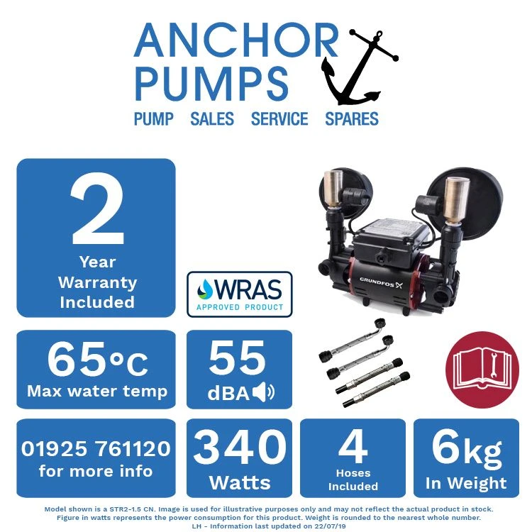 Grundfos STR2-1.5 CN Twin Impeller Universal Regenerative Shower Booster Pump (x4 Hoses Inc.) 4 Grundfos STR2-1.5 CN Twin Impeller Universal Regenerative Shower Booster Pump (x4 Hoses Inc.) - Image 4