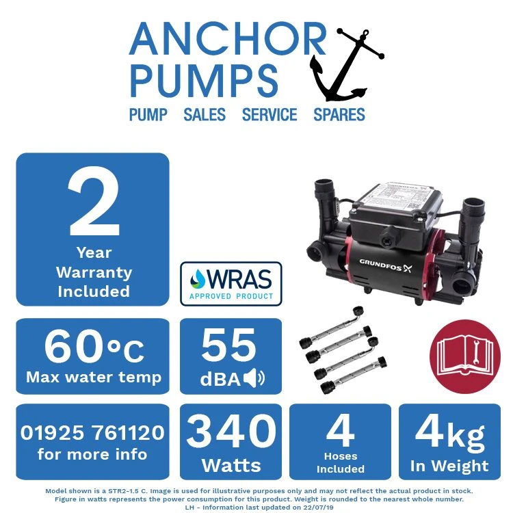 Grundfos STR2-1.5 C Twin Impeller Regenerative Shower Booster Pump (x4 Hoses Inc.) 4 Grundfos STR2-1.5 C Twin Impeller Regenerative Shower Booster Pump (x4 Hoses Inc.) - Image 4