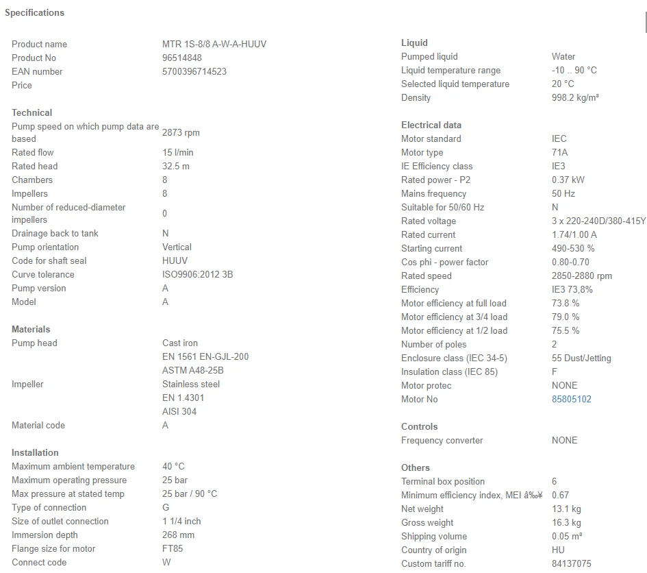 Grundfos MTR 1S 8/8 A W A HUUV 0.37kW Stainless Steel Vertical Immersible Pump 415v 4 Grundfos MTR 1S 8/8 A W A HUUV 0.37kW Stainless Steel Vertical Immersible Pump 415v - Image 4