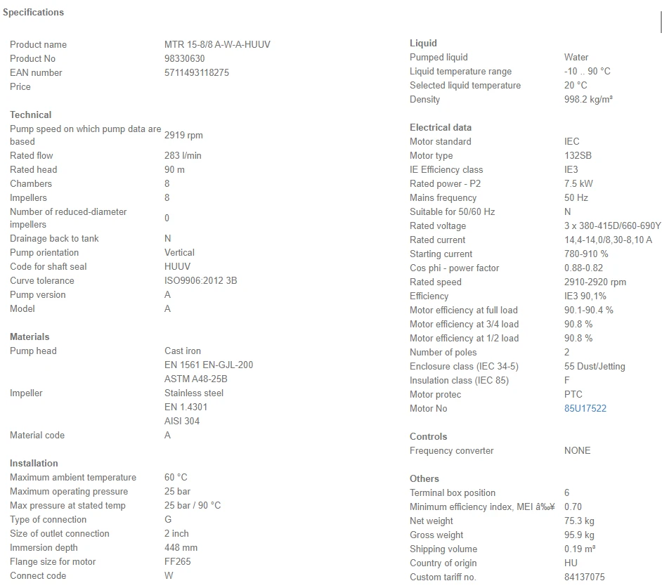 Grundfos MTR 15 8/8 A W A HUUV 7.5kW Stainless Steel Vertical Immersible Pump 415v 4 Grundfos MTR 15 8/8 A W A HUUV 7.5kW Stainless Steel Vertical Immersible Pump 415v - Image 4