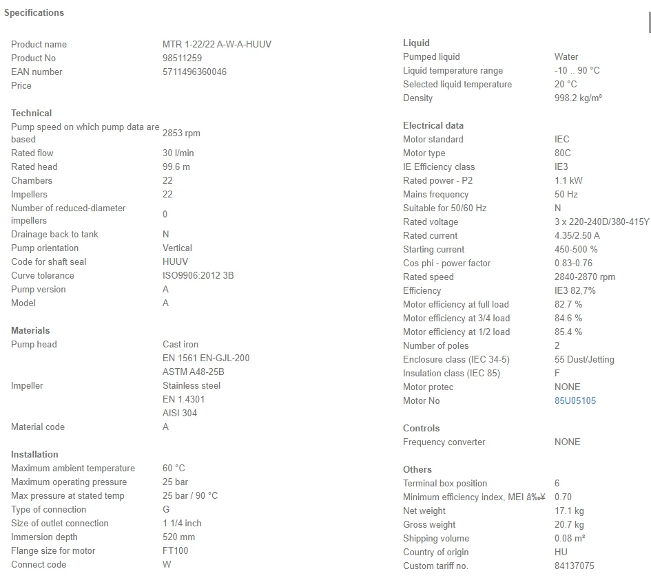 Grundfos MTR 1 22/22 A W A HUUV 1.1kW Stainless Steel Vertical Immersible Pump 415v 4 Grundfos MTR 1 22/22 A W A HUUV 1.1kW Stainless Steel Vertical Immersible Pump 415v - Image 4