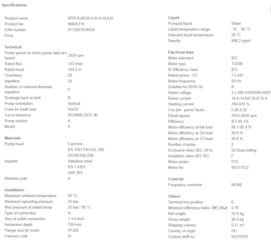 Grundfos MTR 8 20/20 A W A HUUV 7.5kW Stainless Steel Vertical Immersible Pump 415v 4 Grundfos MTR 8 20/20 A W A HUUV 7.5kW Stainless Steel Vertical Immersible Pump 415v - Image 4