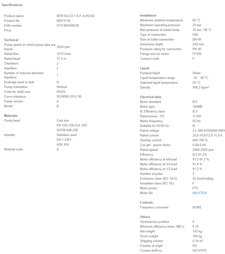 Grundfos MTR 64 2/2-1 A F A HUUV 11kW Stainless Steel Vertical Immersible Pump 415v 4 Grundfos MTR 64 2/2-1 A F A HUUV 11kW Stainless Steel Vertical Immersible Pump 415v - Image 4