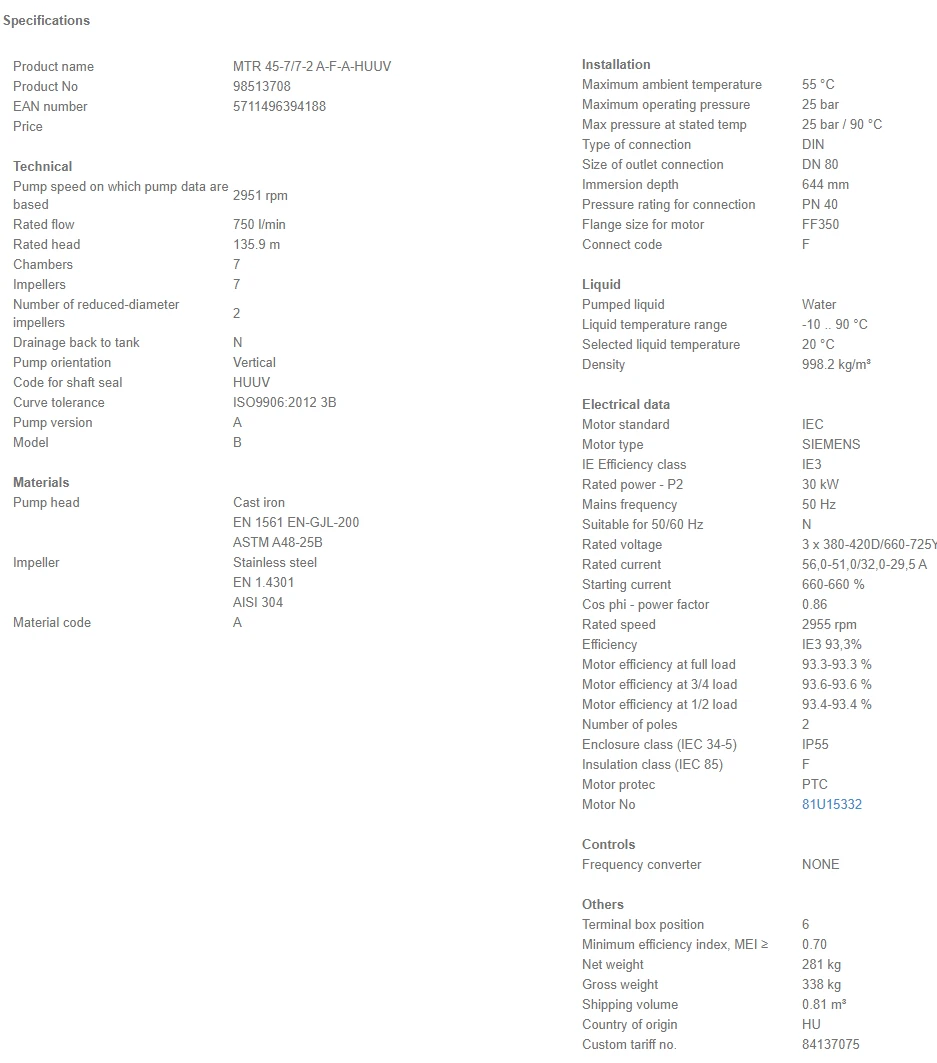 Grundfos MTR 45 7/7-2 A F A HUUV 30kW Stainless Steel Vertical Immersible Pump 415v 4 Grundfos MTR 45 7/7-2 A F A HUUV 30kW Stainless Steel Vertical Immersible Pump 415v - Image 4