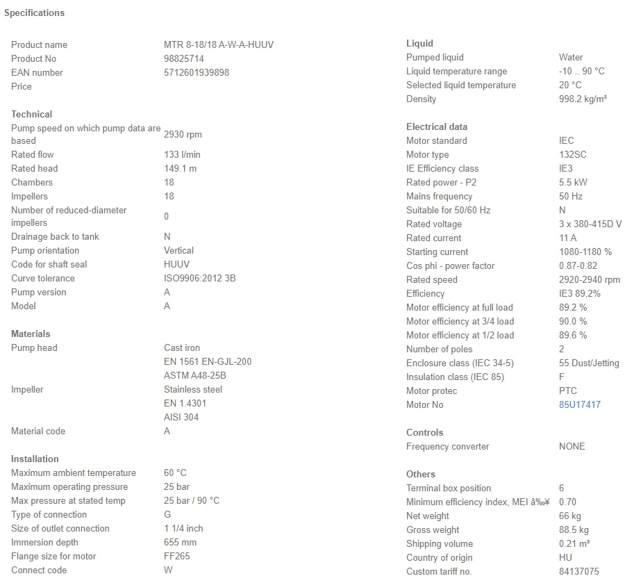 Grundfos MTR 8 18/18 A W A HUUV 5.5kW Stainless Steel Vertical Immersible Pump 415v 4 Grundfos MTR 8 18/18 A W A HUUV 5.5kW Stainless Steel Vertical Immersible Pump 415v - Image 4