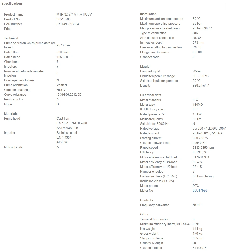 Grundfos MTR 32 7/7 A W A HUUV 15kW Stainless Steel Vertical Immersible Pump 415v 4 Grundfos MTR 32 7/7 A W A HUUV 15kW Stainless Steel Vertical Immersible Pump 415v - Image 4