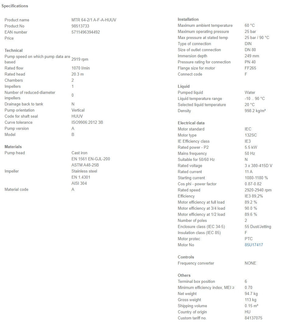 Grundfos MTR 64 2/1 A F A HUUV 5.5kW Stainless Steel Vertical Immersible Pump 415v 4 Grundfos MTR 64 2/1 A F A HUUV 5.5kW Stainless Steel Vertical Immersible Pump 415v - Image 4