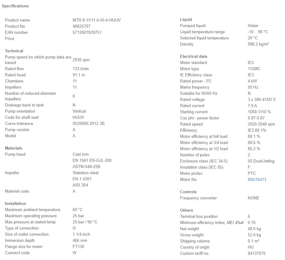 Grundfos MTR 8 11/11 A W A HUUV 4kW Stainless Steel Vertical Immersible Pump 415v 4 Grundfos MTR 8 11/11 A W A HUUV 4kW Stainless Steel Vertical Immersible Pump 415v - Image 4