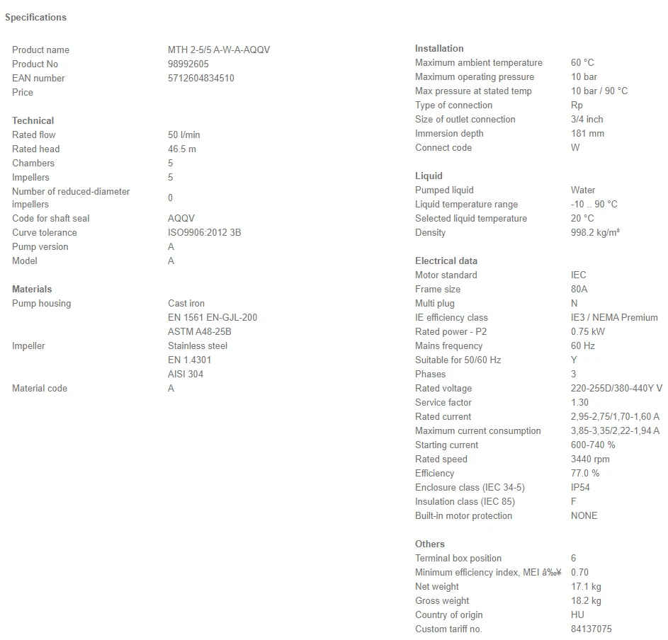Grundfos MTH 2 5/5 A W A AQQV 0.75kW Stainless Steel Immersible Pump 415v 4 Grundfos MTH 2 5/5 A W A AQQV 0.75kW Stainless Steel Immersible Pump 415v - Image 4