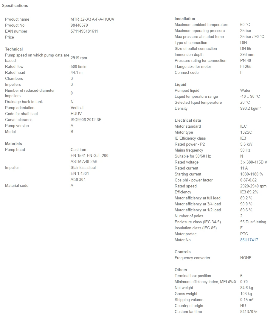 Grundfos MTR 32 3/3 A W A HUUV 5.5kW Stainless Steel Vertical Immersible Pump 415v 4 Grundfos MTR 32 3/3 A W A HUUV 5.5kW Stainless Steel Vertical Immersible Pump 415v - Image 4