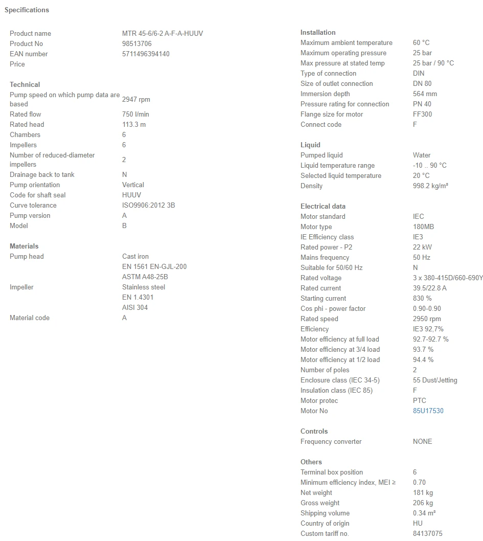 Grundfos MTR 45 6/6-2 A F A HUUV 22kW Stainless Steel Vertical Immersible Pump 415v 4 Grundfos MTR 45 6/6-2 A F A HUUV 22kW Stainless Steel Vertical Immersible Pump 415v - Image 4