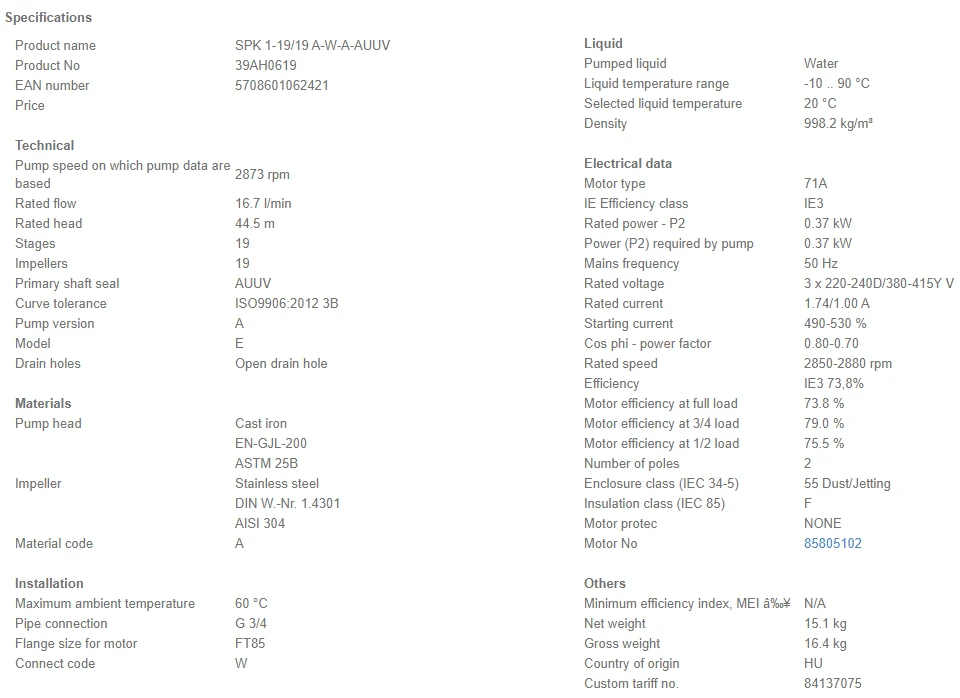 Grundfos SPK 1 19/19 A W A AUUV 0.37kW Stainless Steel Immersible Pump 415v 4 Grundfos SPK 1 19/19 A W A AUUV 0.37kW Stainless Steel Immersible Pump 415v - Image 4