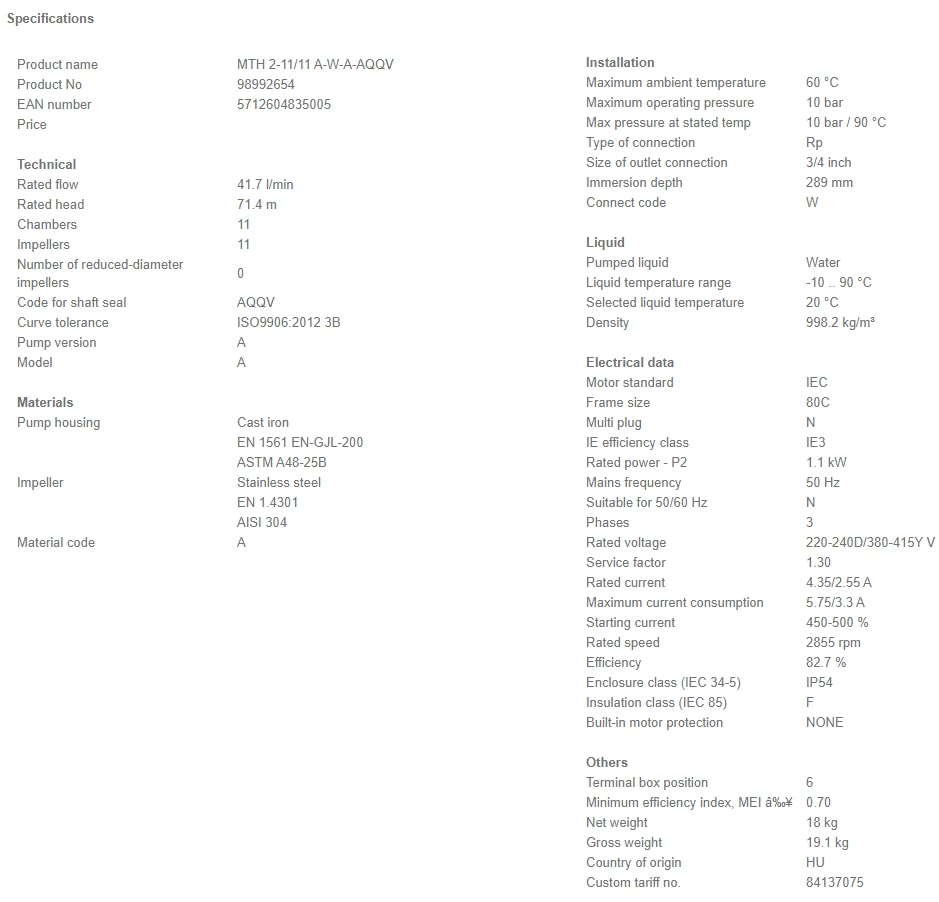 Grundfos MTH 2 11/11 A W A AQQV 1.1kW Stainless Steel Immersible Pump 415v 4 Grundfos MTH 2 11/11 A W A AQQV 1.1kW Stainless Steel Immersible Pump 415v - Image 4