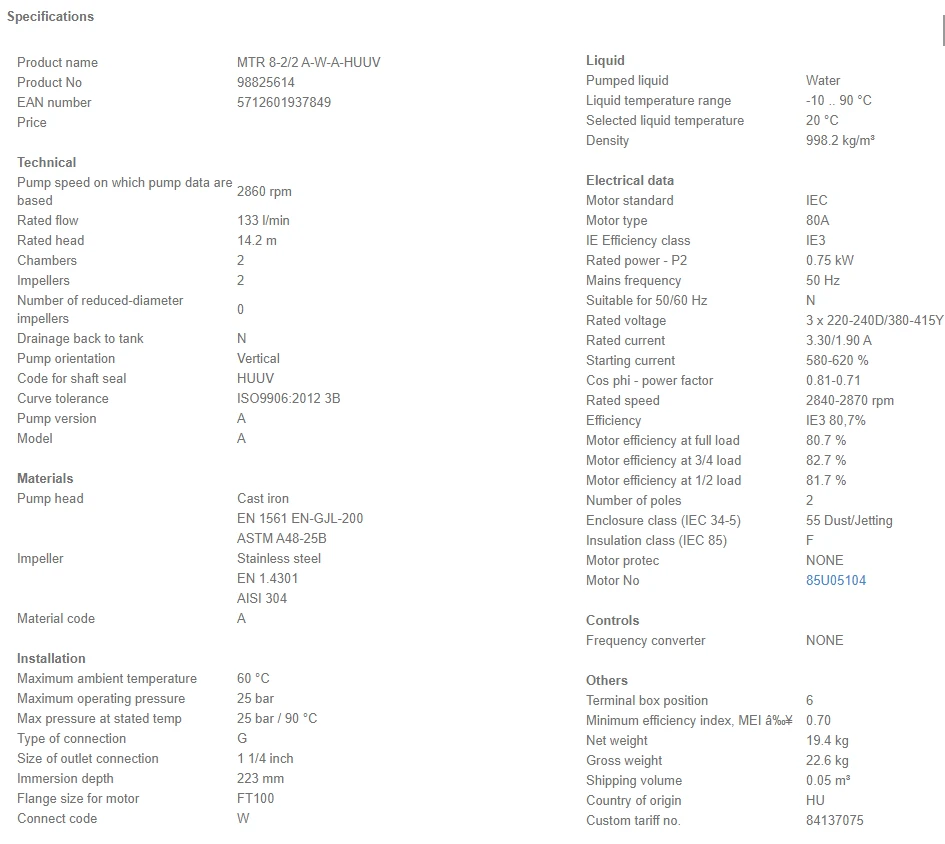 Grundfos MTR 8 2/2 A W A HUUV 0.75kW Stainless Steel Vertical Immersible Pump 415v 4 Grundfos MTR 8 2/2 A W A HUUV 0.75kW Stainless Steel Vertical Immersible Pump 415v - Image 4