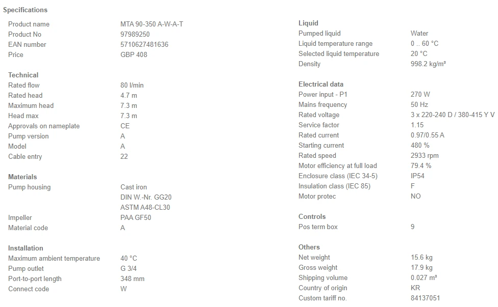 Grundfos MTA 90-350 A W A T Flanged Mounted Immersible Pump With Top Suction Inlet 4 Grundfos MTA 90-350 A W A T Flanged Mounted Immersible Pump With Top Suction Inlet - Image 4