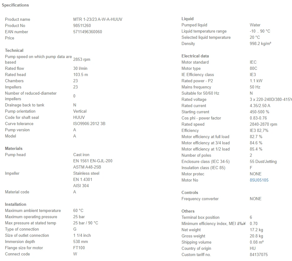 Grundfos MTR 1 23/23 A W A HUUV 1.1kW Stainless Steel Vertical Immersible Pump 415v 4 Grundfos MTR 1 23/23 A W A HUUV 1.1kW Stainless Steel Vertical Immersible Pump 415v - Image 4