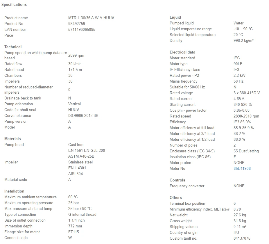 Grundfos MTR 1 36/36 A W A HUUV 2.2kW Stainless Steel Vertical Immersible Pump 415v 4 Grundfos MTR 1 36/36 A W A HUUV 2.2kW Stainless Steel Vertical Immersible Pump 415v - Image 4