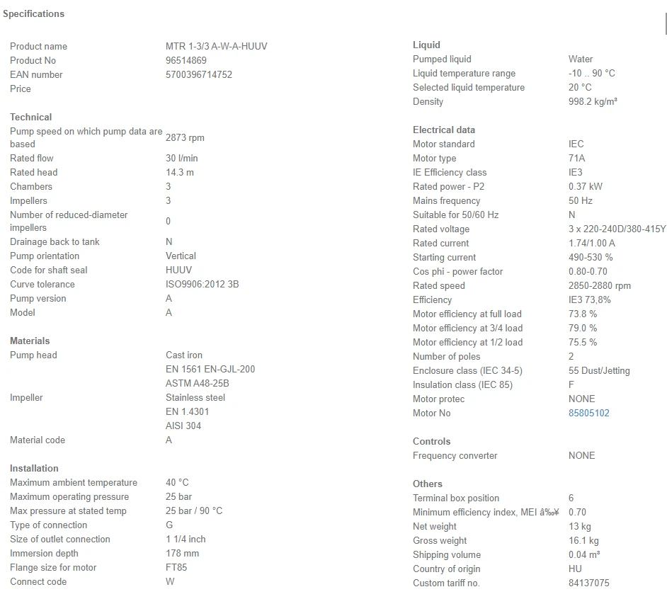 Grundfos MTR 1 3/3 A W A HUUV 0.37kW Stainless Steel Vertical Immersible Pump 415v 4 Grundfos MTR 1 3/3 A W A HUUV 0.37kW Stainless Steel Vertical Immersible Pump 415v - Image 4