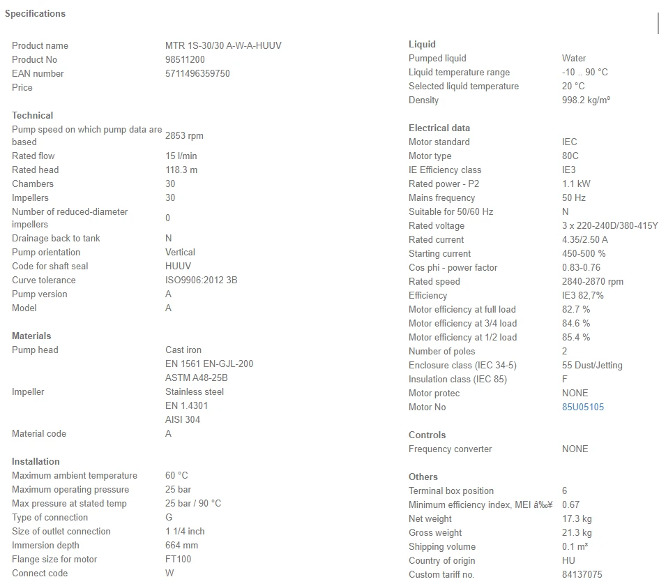 Grundfos MTR 1S 30/30 A W A HUUV 1.1kW Stainless Steel Vertical Immersible Pump 415v 4 Grundfos MTR 1S 30/30 A W A HUUV 1.1kW Stainless Steel Vertical Immersible Pump 415v - Image 4