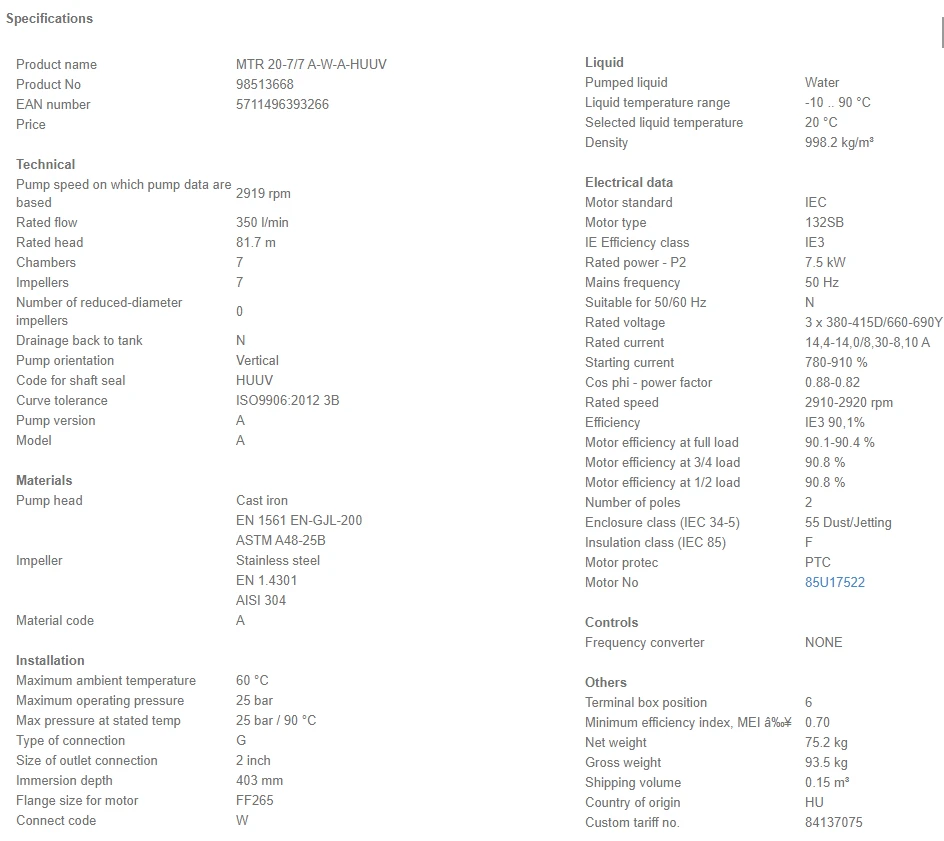 Grundfos MTR 20 7/7 A W A HUUV 7.5kW Stainless Steel Vertical Immersible Pump 415v 4 Grundfos MTR 20 7/7 A W A HUUV 7.5kW Stainless Steel Vertical Immersible Pump 415v - Image 4