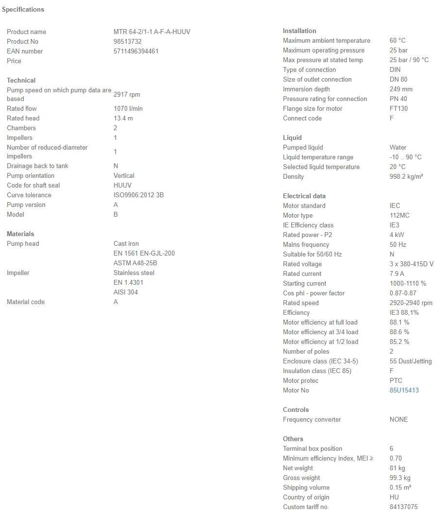 Grundfos MTR 64 2/1-1 A F A HUUV 4kW Stainless Steel Vertical Immersible Pump 415v 4 Grundfos MTR 64 2/1-1 A F A HUUV 4kW Stainless Steel Vertical Immersible Pump 415v - Image 4