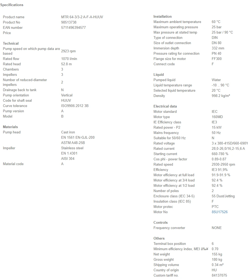 Grundfos MTR 64 3/3-2 A F A HUUV 15kW Stainless Steel Vertical Immersible Pump 415v 4 Grundfos MTR 64 3/3-2 A F A HUUV 15kW Stainless Steel Vertical Immersible Pump 415v - Image 4