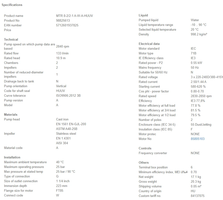 Grundfos MTR 8 2/2-1 A W A HUUV 0.55kW Stainless Steel Vertical Immersible Pump 415v 4 Grundfos MTR 8 2/2-1 A W A HUUV 0.55kW Stainless Steel Vertical Immersible Pump 415v - Image 4