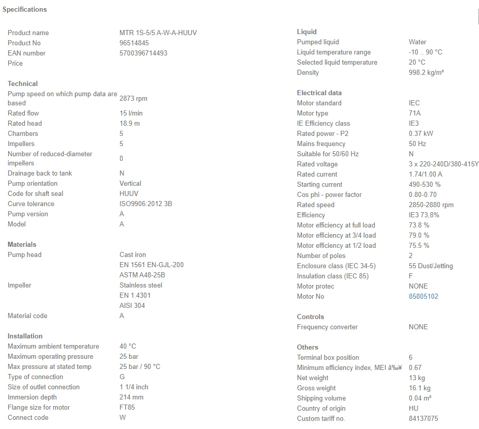 Grundfos MTR 1S 5/5 A W A HUUV 0.37kW Stainless Steel Vertical Immersible Pump 415v 4 Grundfos MTR 1S 5/5 A W A HUUV 0.37kW Stainless Steel Vertical Immersible Pump 415v - Image 4