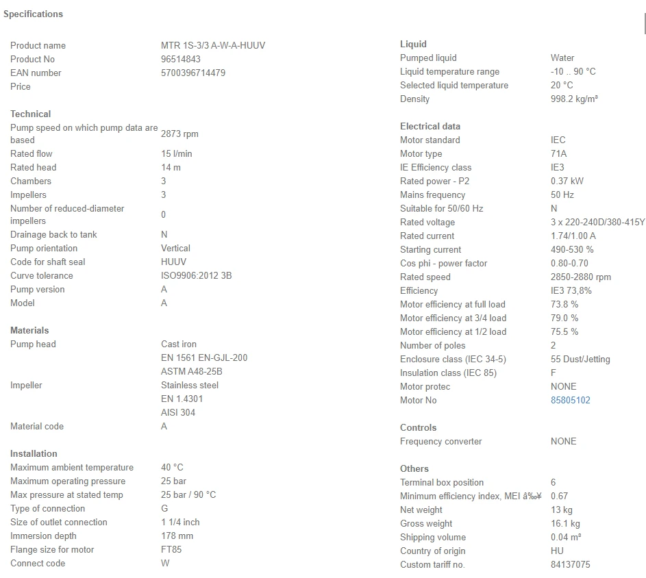 Grundfos MTR 1S 3/3 A W A HUUV 0.37kW Stainless Steel Vertical Immersible Pump 415v 4 Grundfos MTR 1S 3/3 A W A HUUV 0.37kW Stainless Steel Vertical Immersible Pump 415v - Image 4