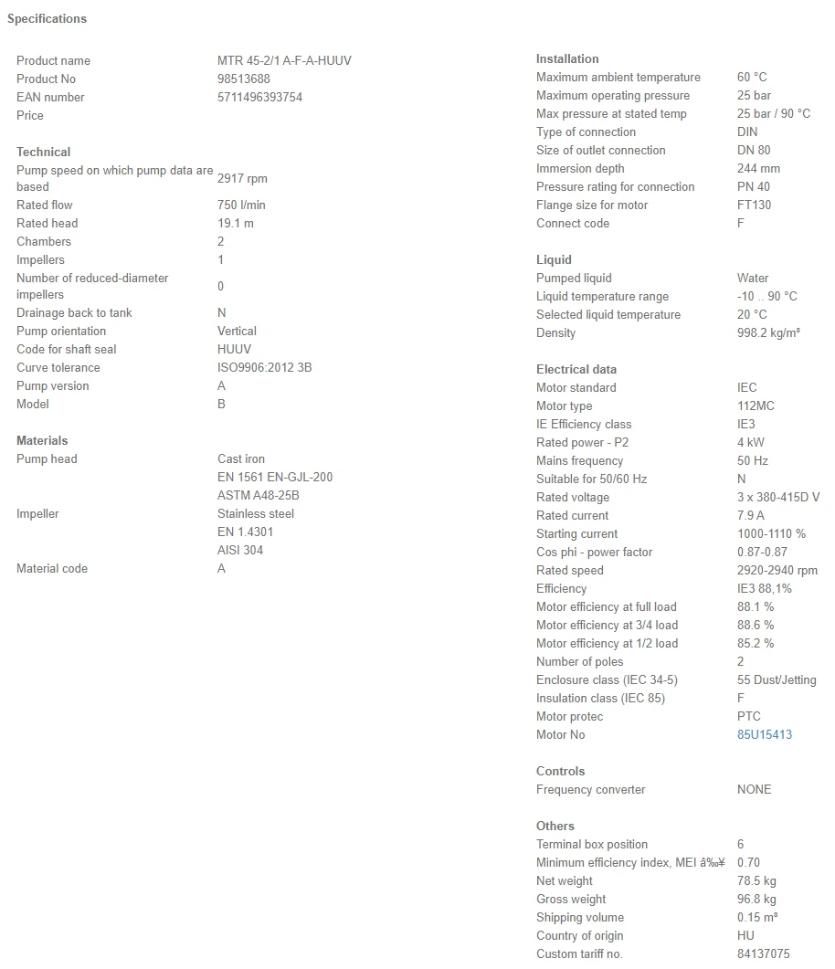 Grundfos MTR 45 2/1 A F A HUUV 4kW Stainless Steel Vertical Immersible Pump 415v 4 Grundfos MTR 45 2/1 A F A HUUV 4kW Stainless Steel Vertical Immersible Pump 415v - Image 4