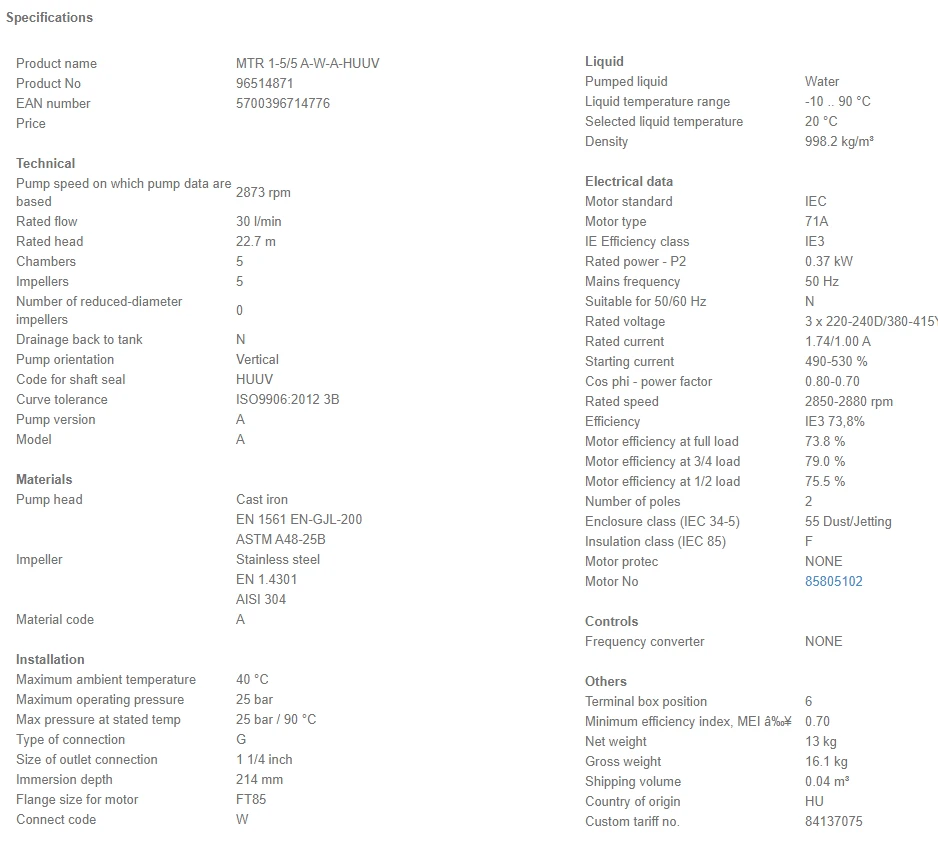 Grundfos MTR 1 5/5 A W A HUUV 0.37kW Stainless Steel Vertical Immersible Pump 415v 4 Grundfos MTR 1 5/5 A W A HUUV 0.37kW Stainless Steel Vertical Immersible Pump 415v - Image 4