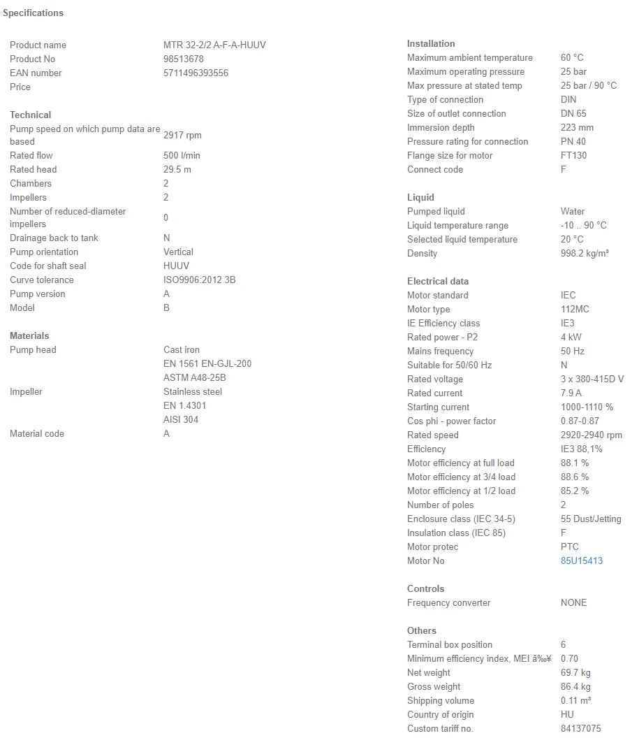 Grundfos MTR 32 2/2 A W A HUUV 4kW Stainless Steel Vertical Immersible Pump 415v 4 Grundfos MTR 32 2/2 A W A HUUV 4kW Stainless Steel Vertical Immersible Pump 415v - Image 4