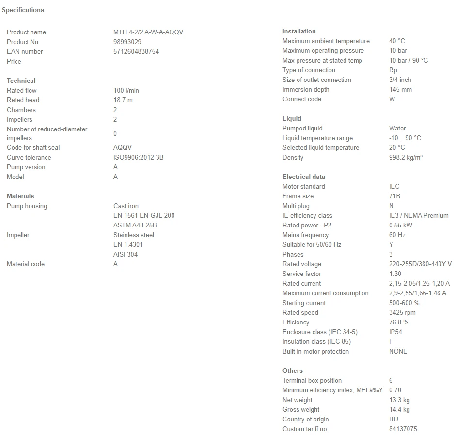 Grundfos MTH 4 2/2 A W A AQQV 0.55kW Stainless Steel Immersible Pump 415v 4 Grundfos MTH 4 2/2 A W A AQQV 0.55kW Stainless Steel Immersible Pump 415v - Image 4