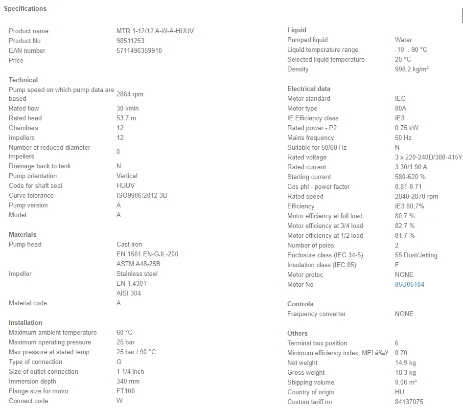 Grundfos MTR 1 12/12 A W A HUUV 0.75kW Stainless Steel Vertical Immersible Pump 415v 4 Grundfos MTR 1 12/12 A W A HUUV 0.75kW Stainless Steel Vertical Immersible Pump 415v - Image 4