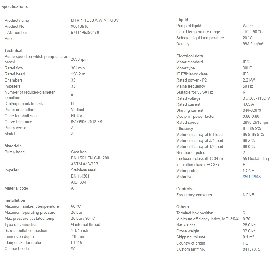 Grundfos MTR 1 33/33 A W A HUUV 2.2kW Stainless Steel Vertical Immersible Pump 415v 4 Grundfos MTR 1 33/33 A W A HUUV 2.2kW Stainless Steel Vertical Immersible Pump 415v - Image 4