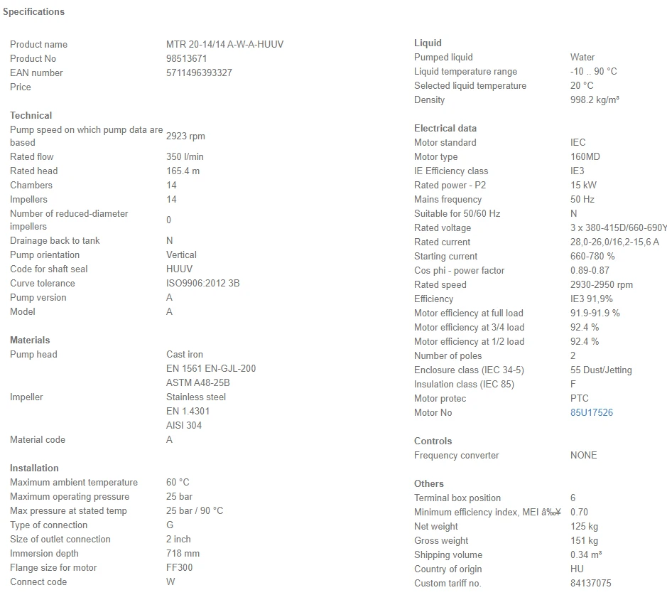 Grundfos MTR 20 14/14 A W A HUUV 15kW Stainless Steel Vertical Immersible Pump 415v 4 Grundfos MTR 20 14/14 A W A HUUV 15kW Stainless Steel Vertical Immersible Pump 415v - Image 4