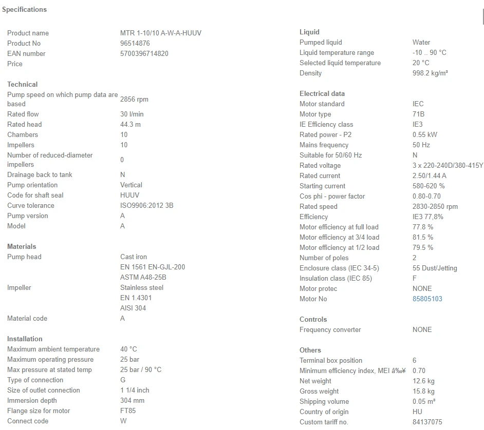 Grundfos MTR 1 10/10 A W A HUUV 0.55kW Stainless Steel Vertical Immersible Pump 415v 4 Grundfos MTR 1 10/10 A W A HUUV 0.55kW Stainless Steel Vertical Immersible Pump 415v - Image 4