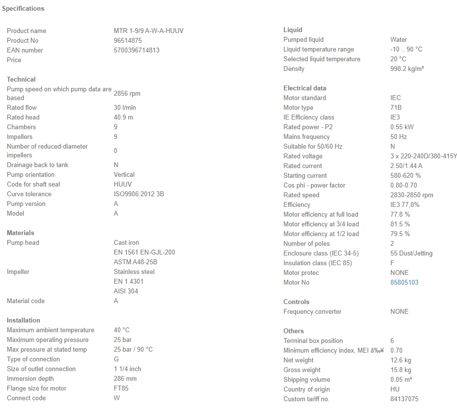 Grundfos MTR 1 9/9 A W A HUUV 0.55kW Stainless Steel Vertical Immersible Pump 415v 4 Grundfos MTR 1 9/9 A W A HUUV 0.55kW Stainless Steel Vertical Immersible Pump 415v - Image 4