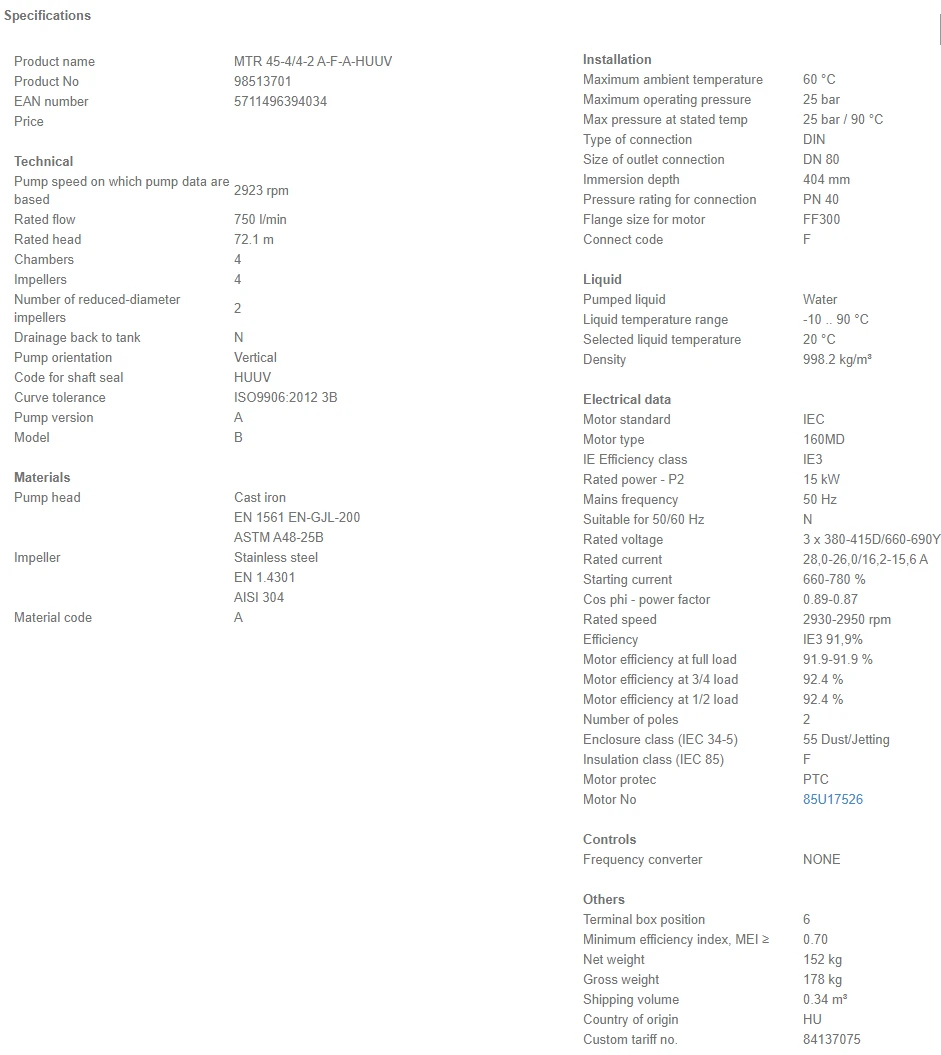 Grundfos MTR 45 4/4-2 A F A HUUV 15kW Stainless Steel Vertical Immersible Pump 415v 4 Grundfos MTR 45 4/4-2 A F A HUUV 15kW Stainless Steel Vertical Immersible Pump 415v - Image 4