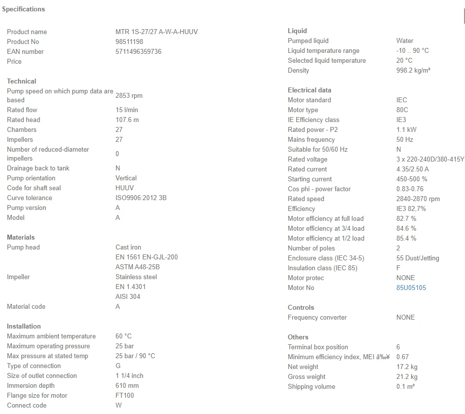Grundfos MTR 1S 27/27 A W A HUUV 1.1kW Stainless Steel Vertical Immersible Pump 415v 4 Grundfos MTR 1S 27/27 A W A HUUV 1.1kW Stainless Steel Vertical Immersible Pump 415v - Image 4