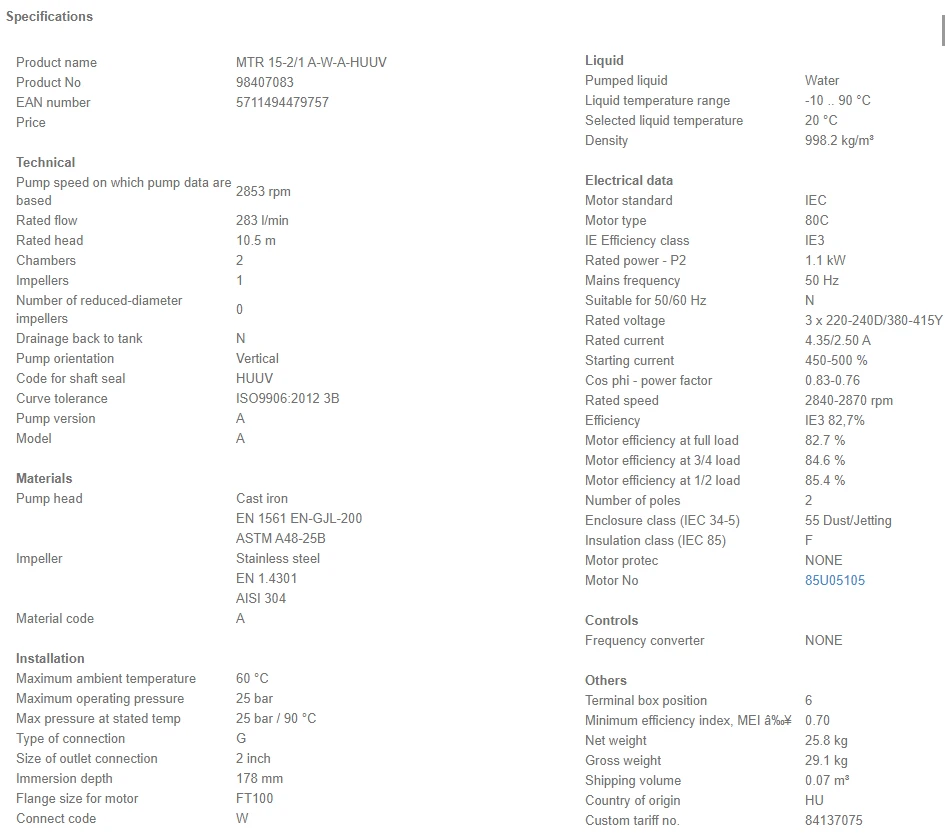 Grundfos MTR 15 2/1 A W A HUUV 1.1kW Stainless Steel Vertical Immersible Pump 415v 4 Grundfos MTR 15 2/1 A W A HUUV 1.1kW Stainless Steel Vertical Immersible Pump 415v - Image 4