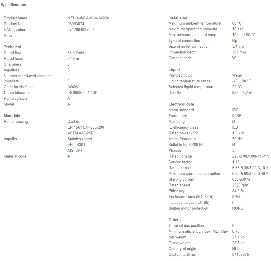 Grundfos MTH 4 8/8 A W A AQQV 1.5kW Stainless Steel Immersible Pump 415v 4 Grundfos MTH 4 8/8 A W A AQQV 1.5kW Stainless Steel Immersible Pump 415v - Image 4