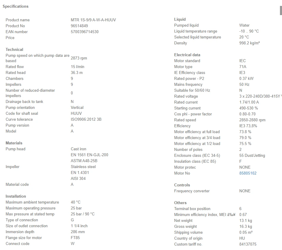 Grundfos MTR 1S 9/9 A W A HUUV 0.37kW Stainless Steel Vertical Immersible Pump 415v 4 Grundfos MTR 1S 9/9 A W A HUUV 0.37kW Stainless Steel Vertical Immersible Pump 415v - Image 4