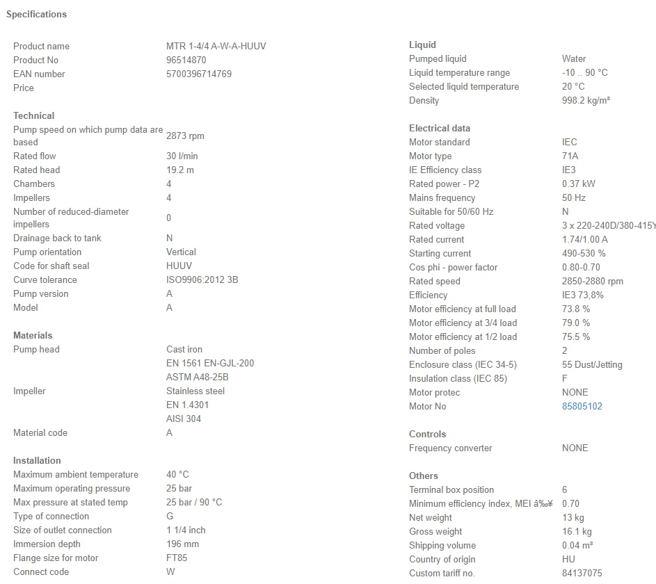 Grundfos MTR 1 4/4 A W A HUUV 0.37kW Stainless Steel Vertical Immersible Pump 415v 4 Grundfos MTR 1 4/4 A W A HUUV 0.37kW Stainless Steel Vertical Immersible Pump 415v - Image 4