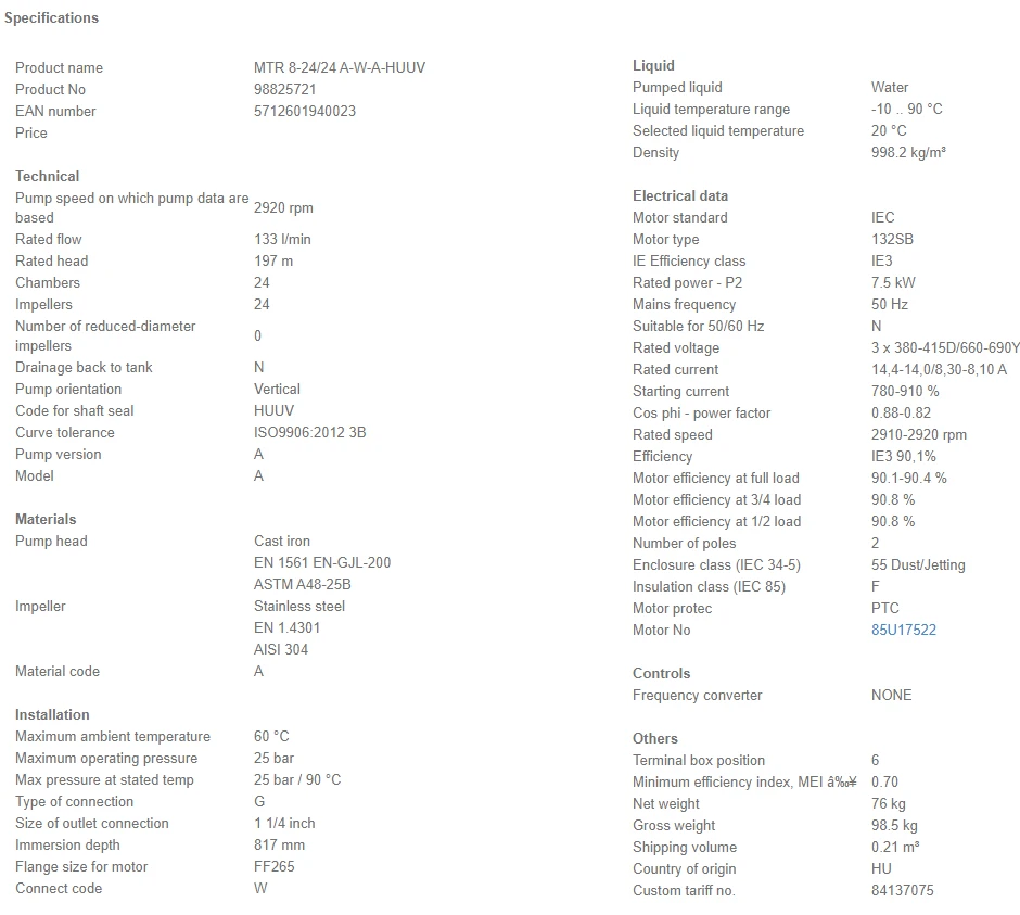 Grundfos MTR 8 24/24 A W A HUUV 7.5kW Stainless Steel Vertical Immersible Pump 415v 4 Grundfos MTR 8 24/24 A W A HUUV 7.5kW Stainless Steel Vertical Immersible Pump 415v - Image 4