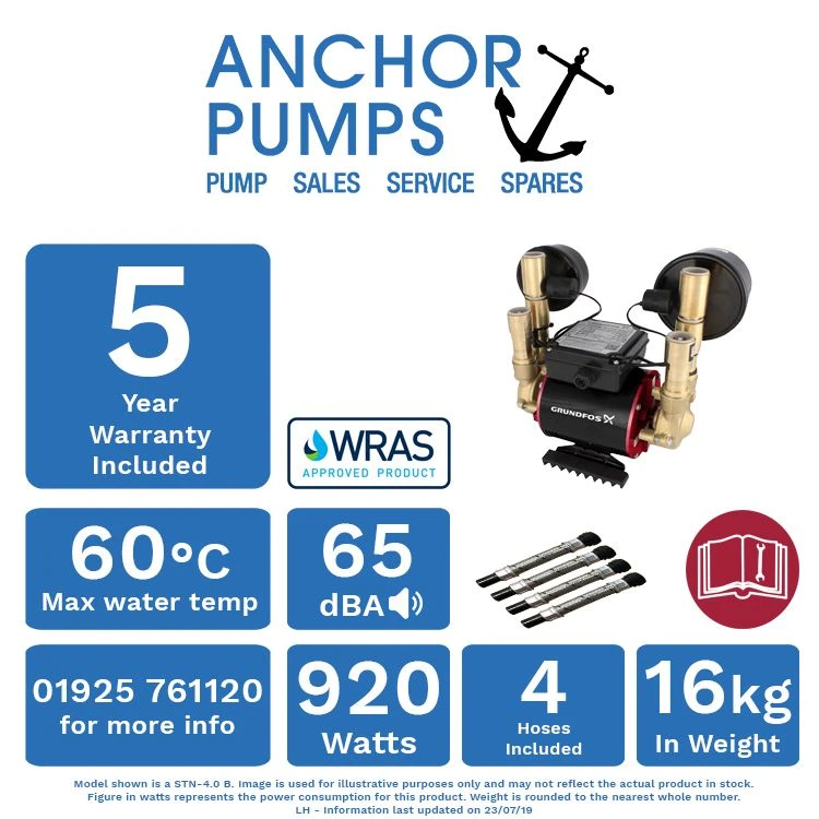 Grundfos Amazon Universal STN-4.0B Twin Impeller Negative Head Shower Pump (x4 Hoses Inc.) 4 Grundfos Amazon Universal STN-4.0B Twin Impeller Negative Head Shower Pump (x4 Hoses Inc.) - Image 4